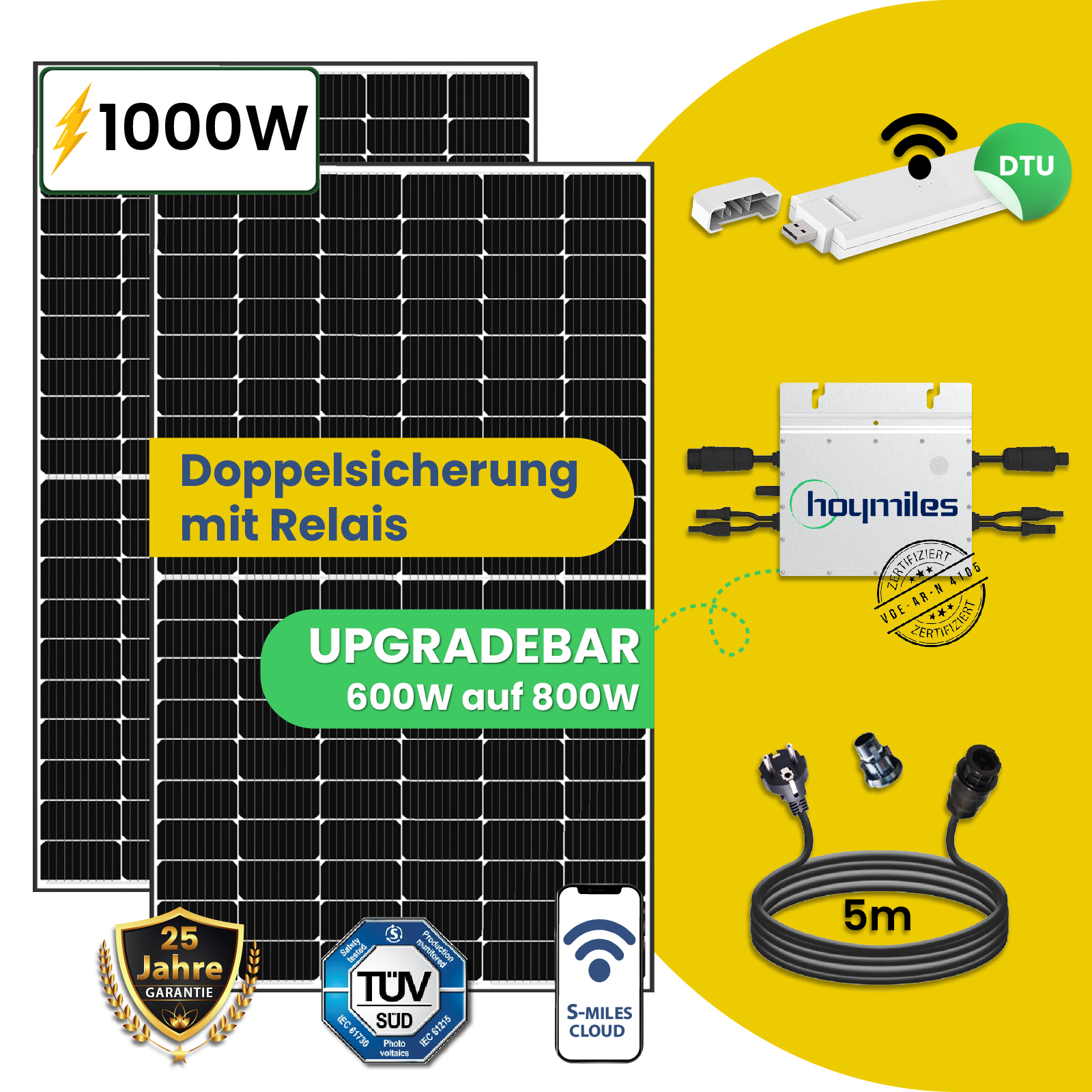 1000 W / 600 W Balkonkraftwerk - Upgradebar 800W Photovoltaik Stecker Solaranlage - Stegpearl